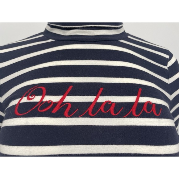 Talbots Long Sleeve Tee Stripe Ooh La La Embroidered Navy White Red Petite SP - Picture 2 of 8